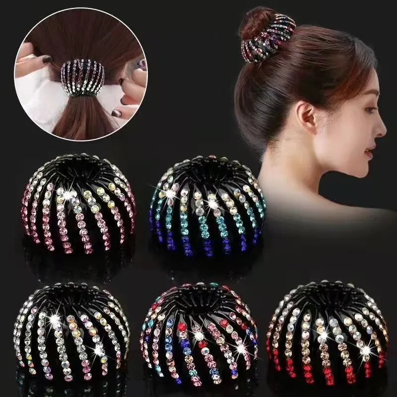 Birds Nest Expandable Hair Clip Velvet Flocked Rhinestone Ponytail Holder Bun Maker Stylish Women Hair Styling Accessories