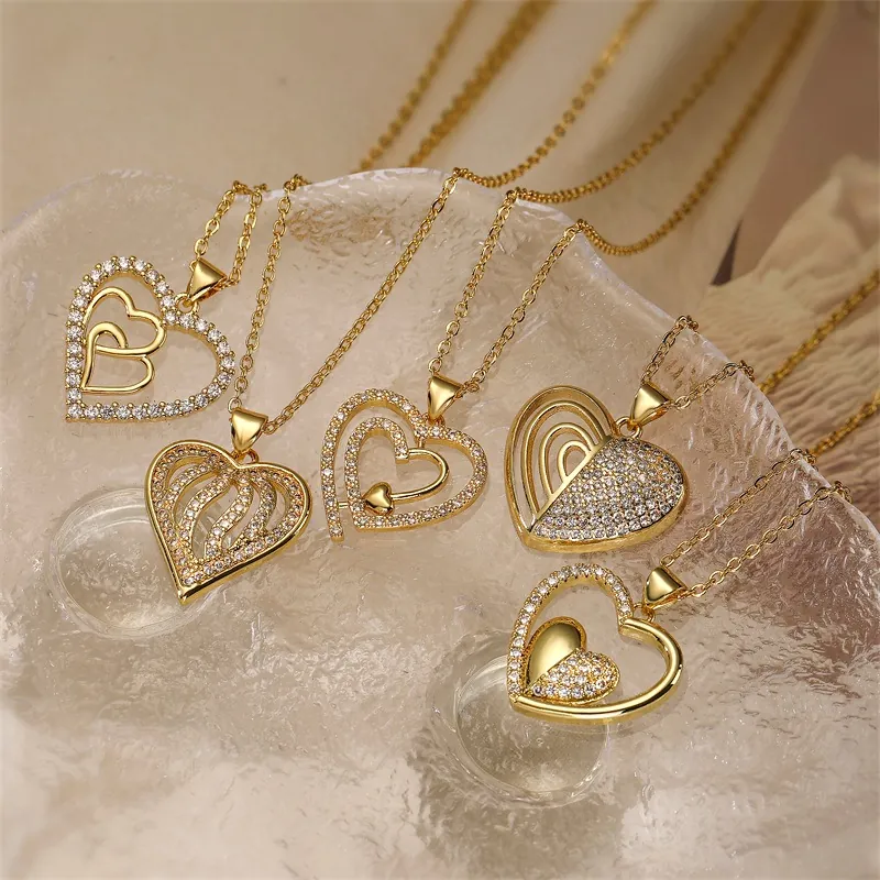 Collier Pendentif Cœur Cuivre Zircone Cubique Creux Bijoux Mode Minimaliste Pour Femmes Plaqué Or
