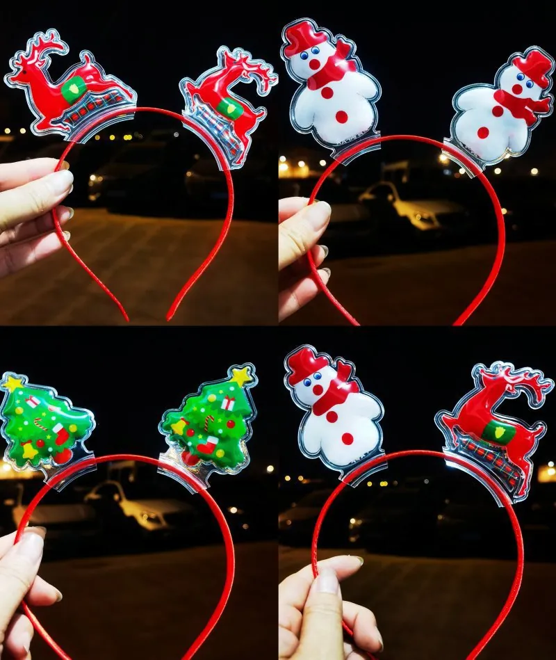 Christmas Headband PVC Quicksand Glowing LED Reindeer Santa Claus Tree Snowman Holiday Party Accessory For Kids Girls