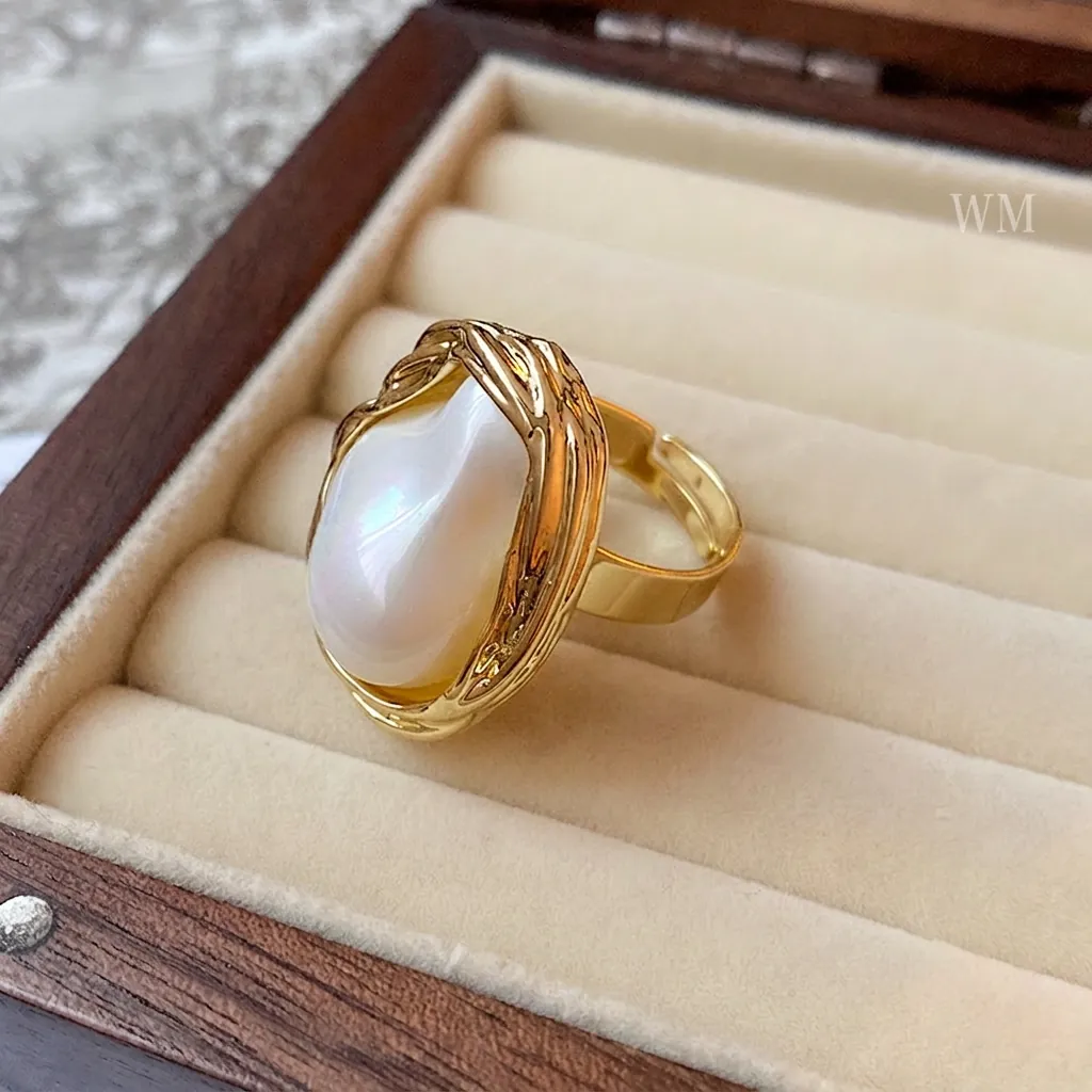 Bague Ouverte Ajustable Künstliche Perle Baroque Alliage Irrégulier Style Français Vintage Luxe Élégant Bijoux Pour Femmes
