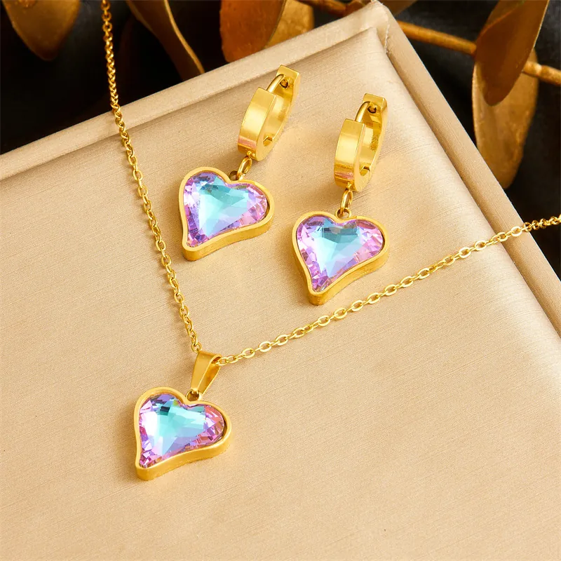 Parure Bijoux Pendentif Coeur Acier Inoxydable Strass Dégradé Coloré Collier Boucles D'oreilles Mode Pour Femmes