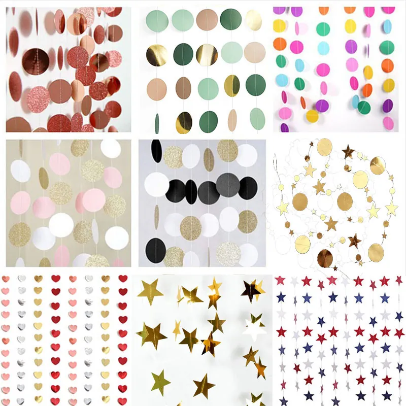 Star Circle Paper Garland Party Decoration Mirror Glitter Gold Silver Rose Gold Blue Banner Hanging Ornament Birthday Wedding