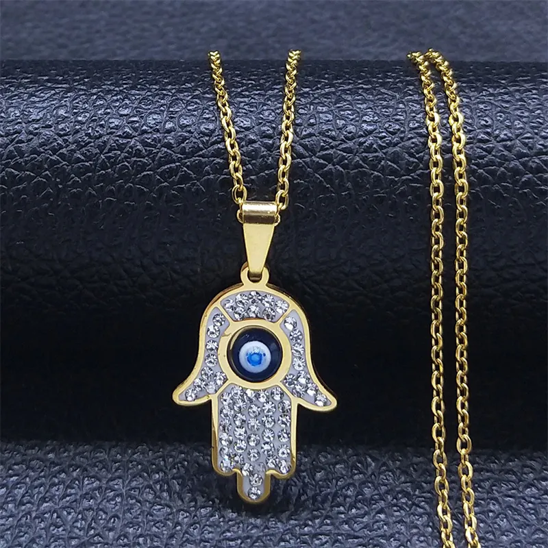 Hamsa Hand Evil Eye Pendant Necklace Stainless Steel Rhinestone Zircon Bohemian Ethnic Amulet Jewelry Women Men