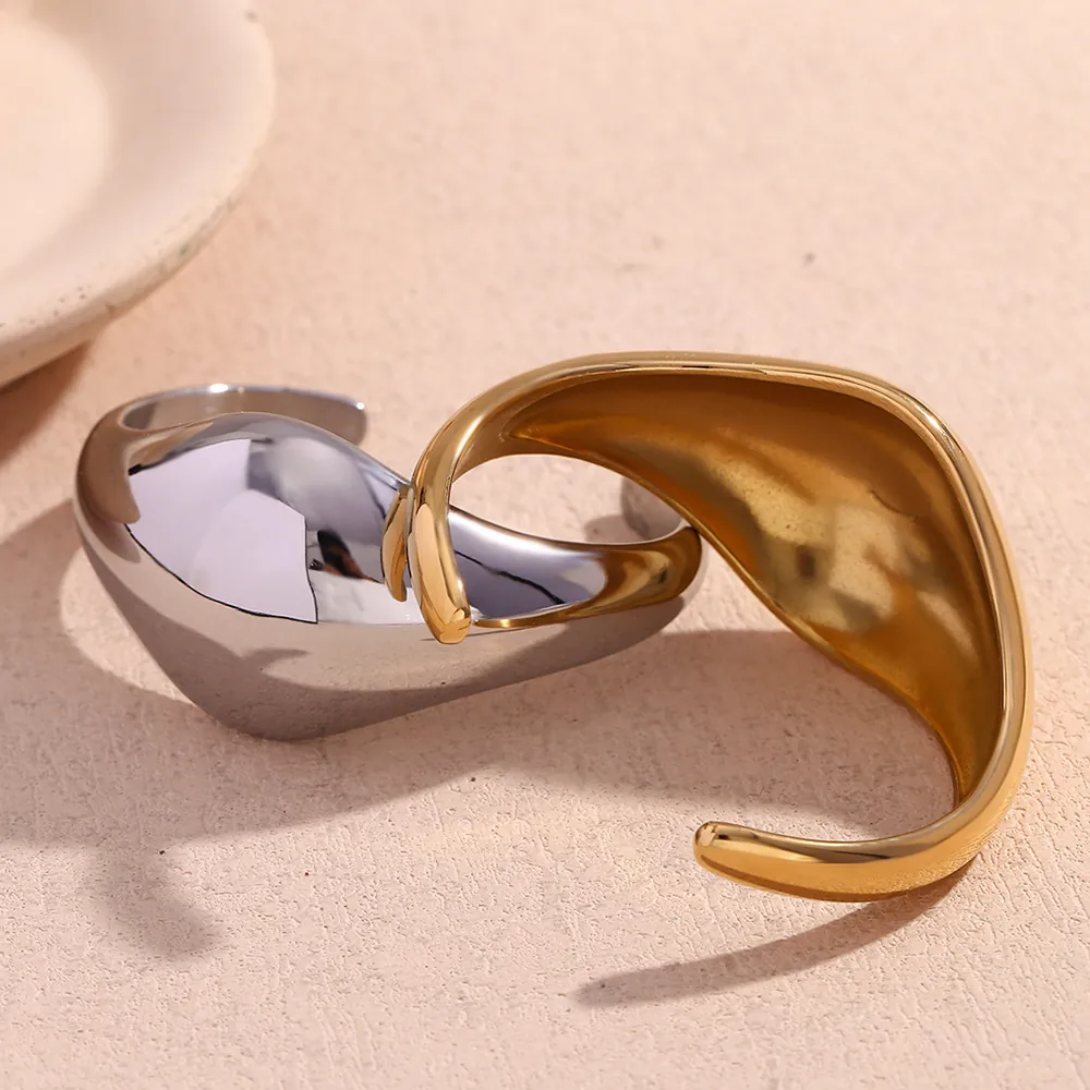 Minimalist Stainless Steel Open Bangle For Women Gold Silver Plated Irregular Geometric Curved Smooth Cuff Bracelet Jewelry