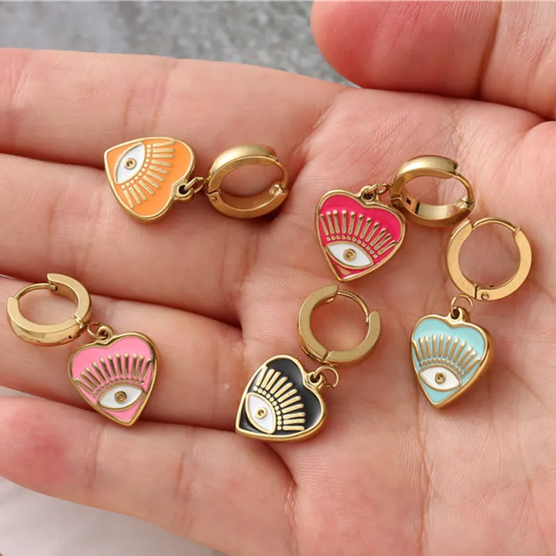 Heart Evil Eye Drop Earrings Stainless Steel Enamel Drip Oil Jewelry For Women Personality Stylish