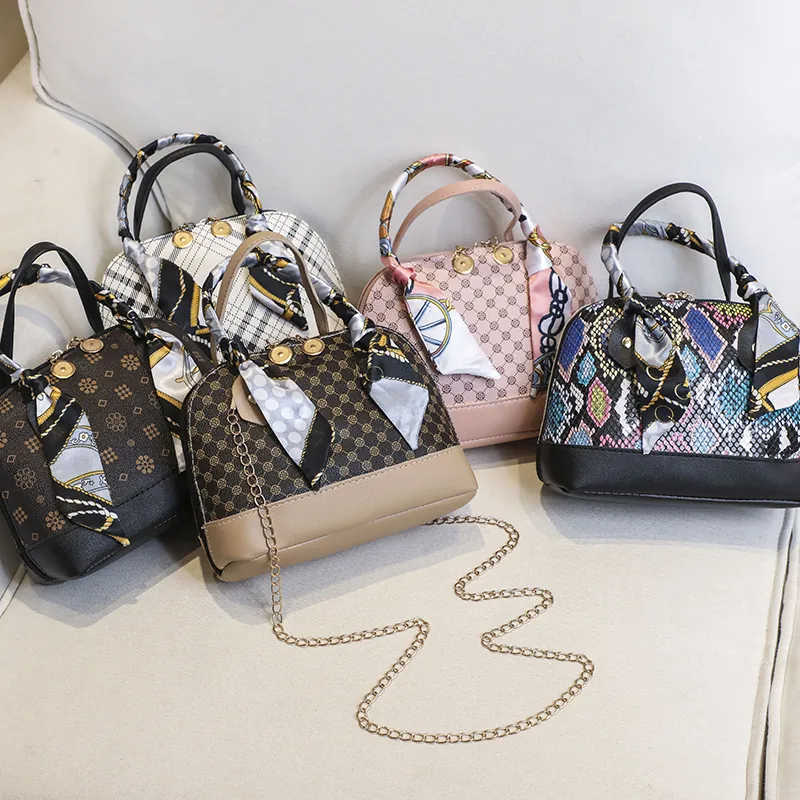 Shell Handbag Monogram Printed PU Leather Crossbody Bag With Scarf Handle Decor And Metal Chain Strap Fashion Women