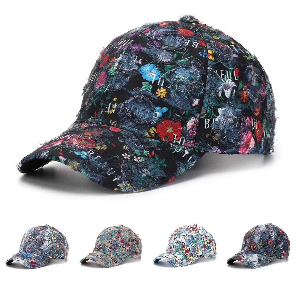 Cappellino Da Baseball Floreale Distressed Retro Stampa Lettere Regolabile Cappello Da Sole All'Aperto Per Donna