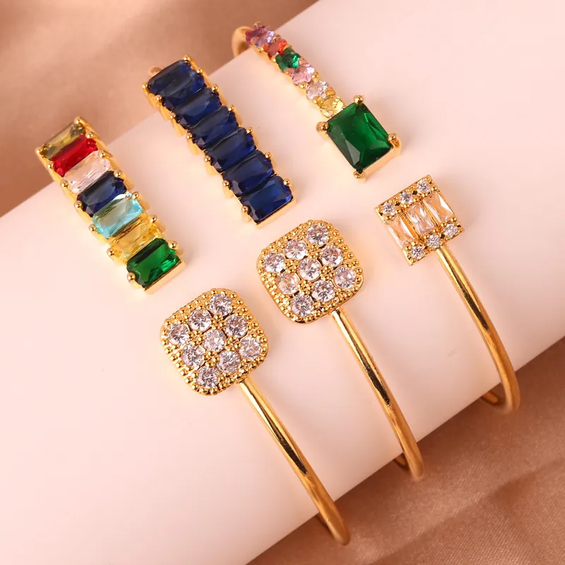 Trendy Kleurrijke Zirkonia Open Armband 18K Verguld Koper Regenboog Zirkoon Bangle Voor Dames Verstelbare Luxe Stijl