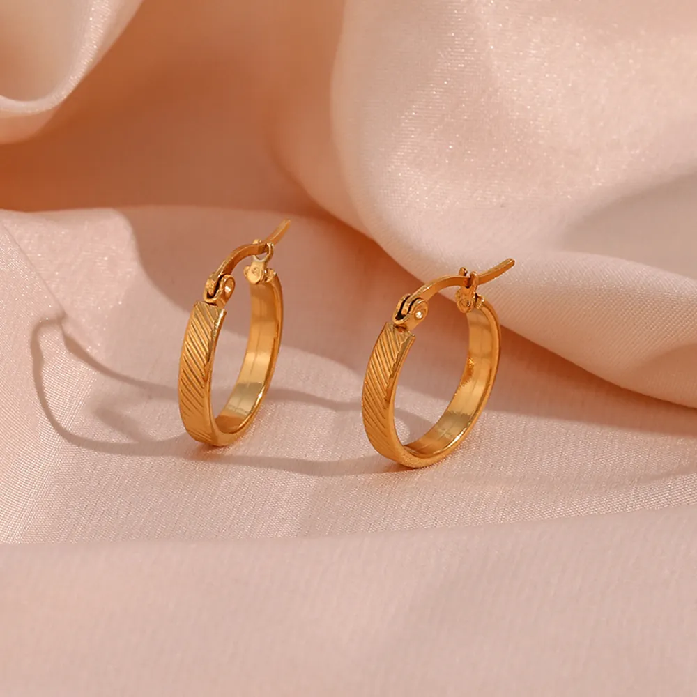 Stainless Steel Hoop Earrings Gold Plated Diagonal Textured Minimalist Geometric Jewelry For Women