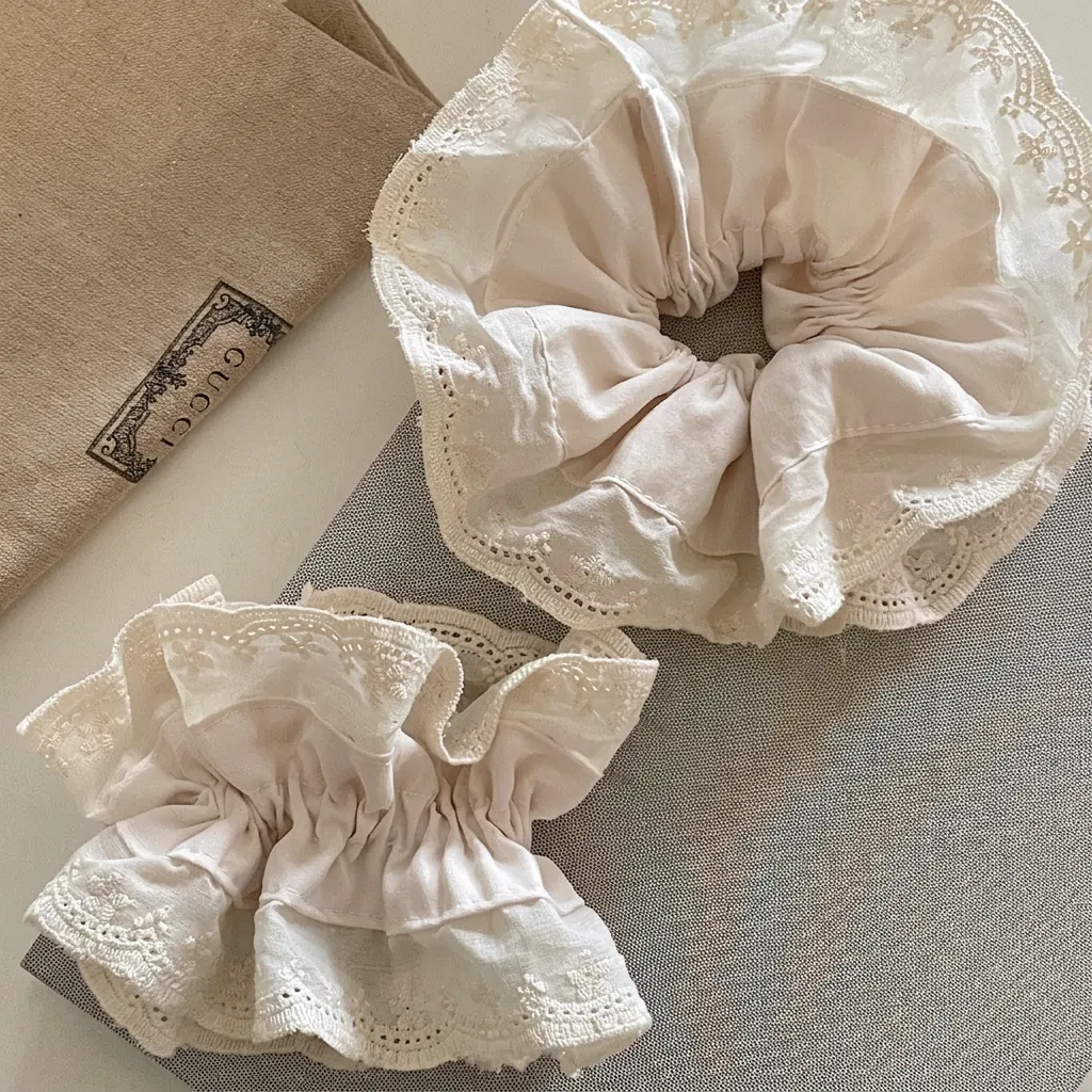 Vintage Lace Double Layer Scrunchies French Style Cream Floral Embroidery Elastic Hair Ties Ponytail Holder For Women