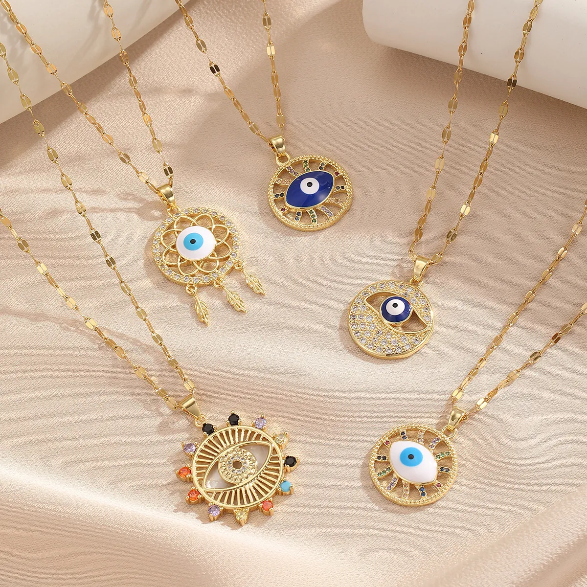 Evil Eye Pendant Necklace Copper Colorful Zircon Gold Plated Dreamcatcher Sunburst Moon Fashion Jewelry For Women
