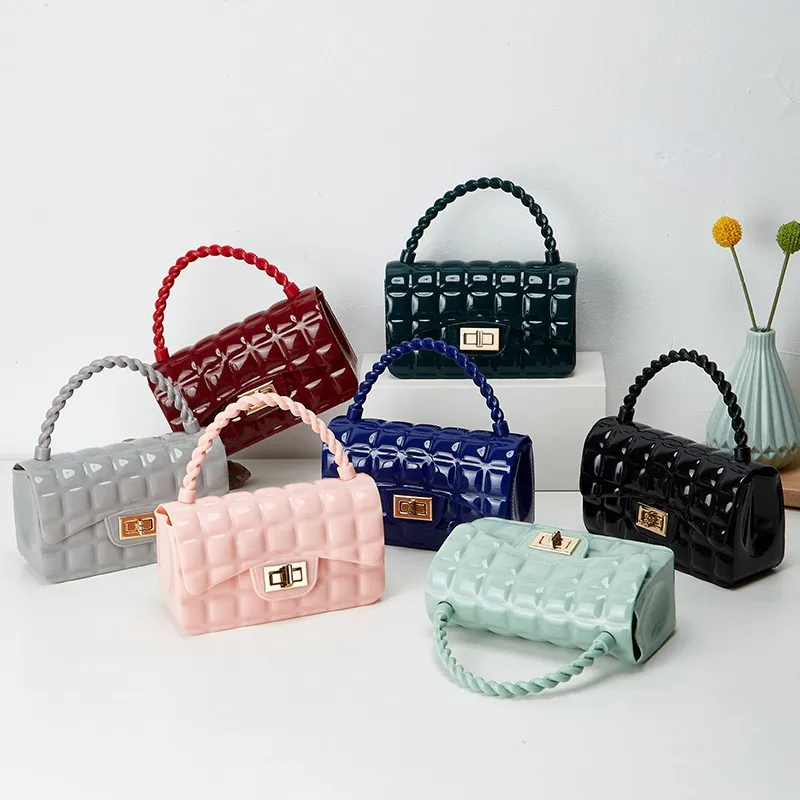Quilted Jelly Crossbody Bag PVC Diamond Lattice Small Square Handbag With Twisted Handle Metal Chain Strap For Women