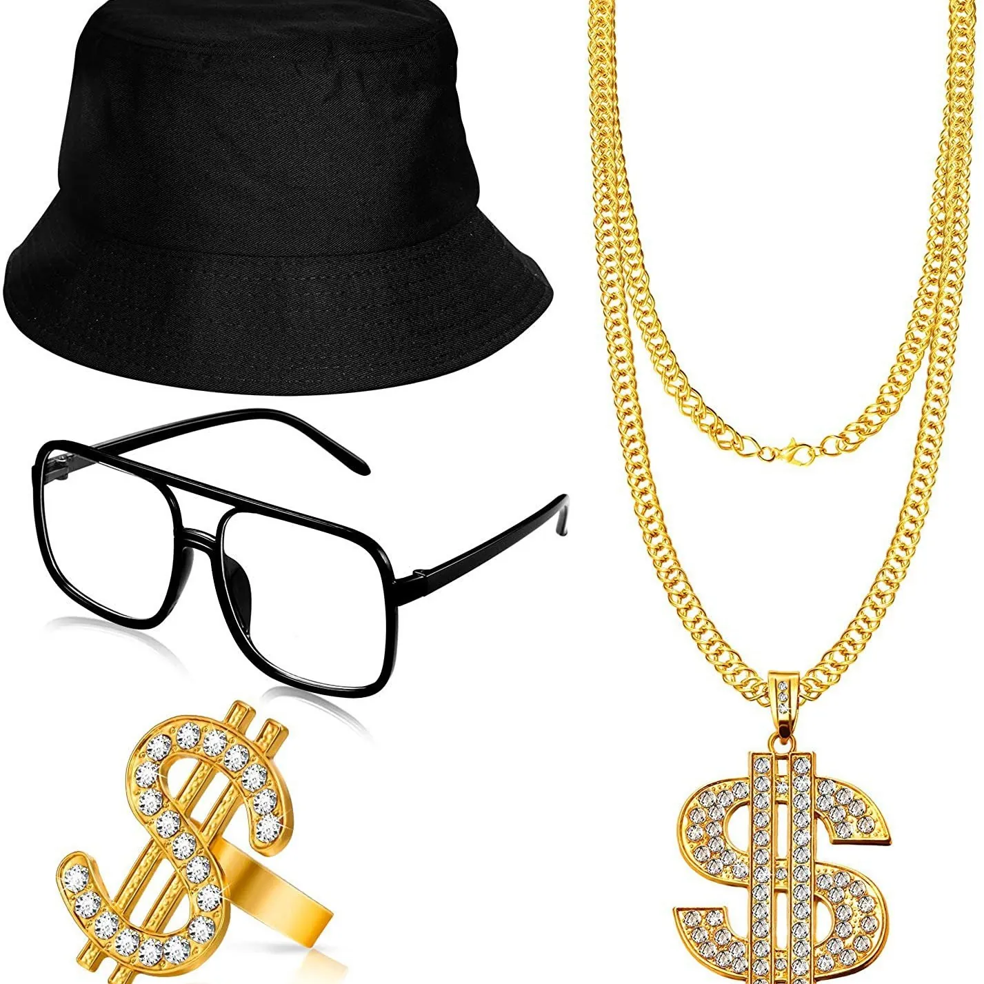 Hip Hop Accessories Gold Dollar Sign Necklace Alloy Ring Bucket Hat Glasses Retro Punk Disco Party Costume Men Women
