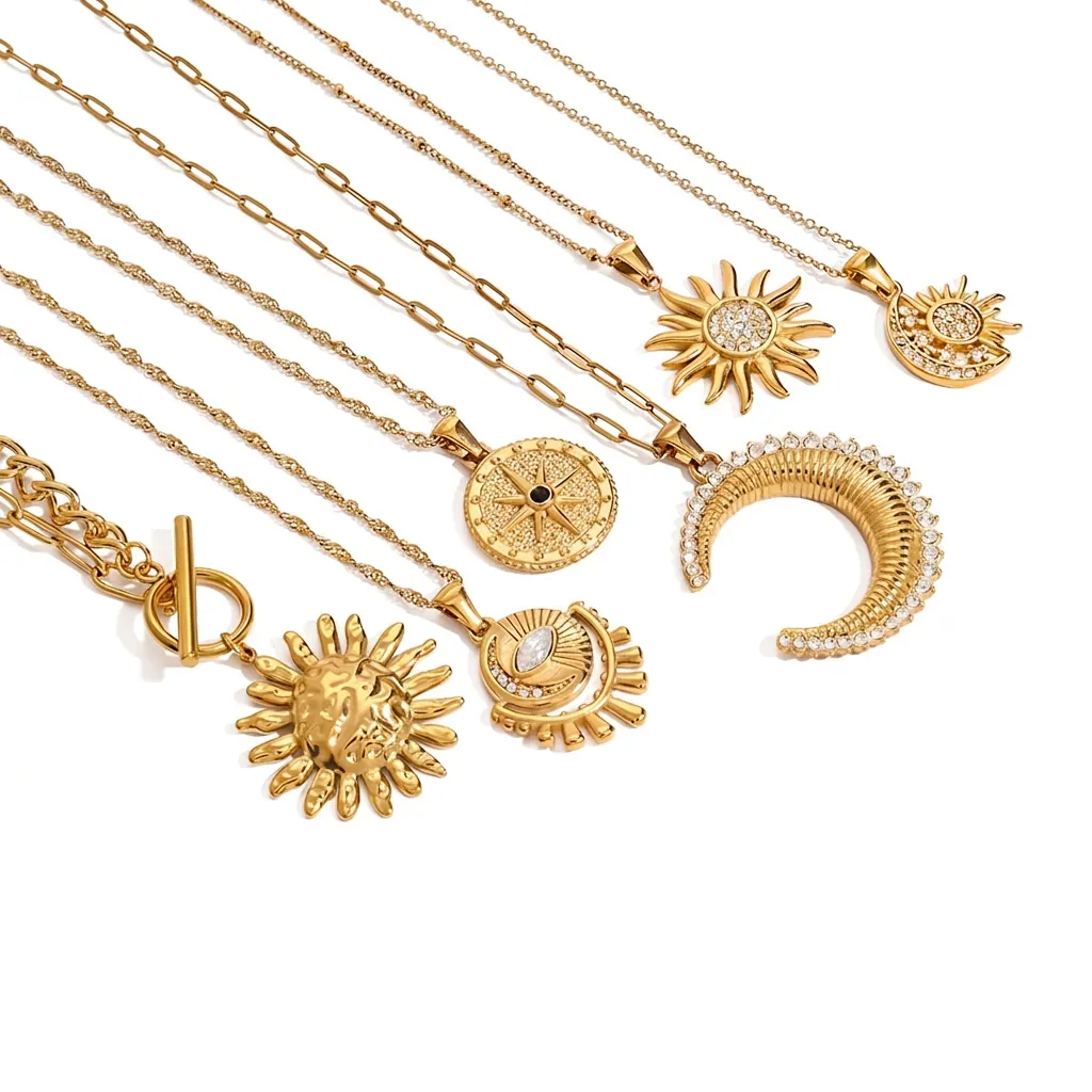 18K Gold Plated Stainless Steel Celestial Pendant Necklace Sun Moon Star Compass Cubic Zirconia Waterproof Jewelry Women