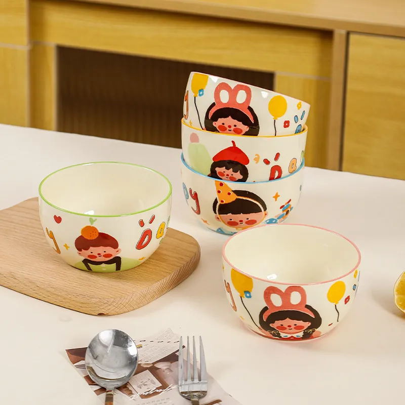 Bols En Céramique Motif Dessin Animé Rétro Fille Garçon Personnage Émaillé Brillant Vaisselle De Cuisine Résistante