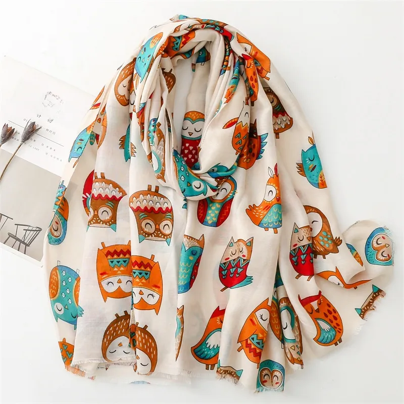 Women's Fashion Scarf Cartoon Owl Animal Print Polyester Lightweight Soft Shawl Tassel Decorative Wrap For Daily Travel
