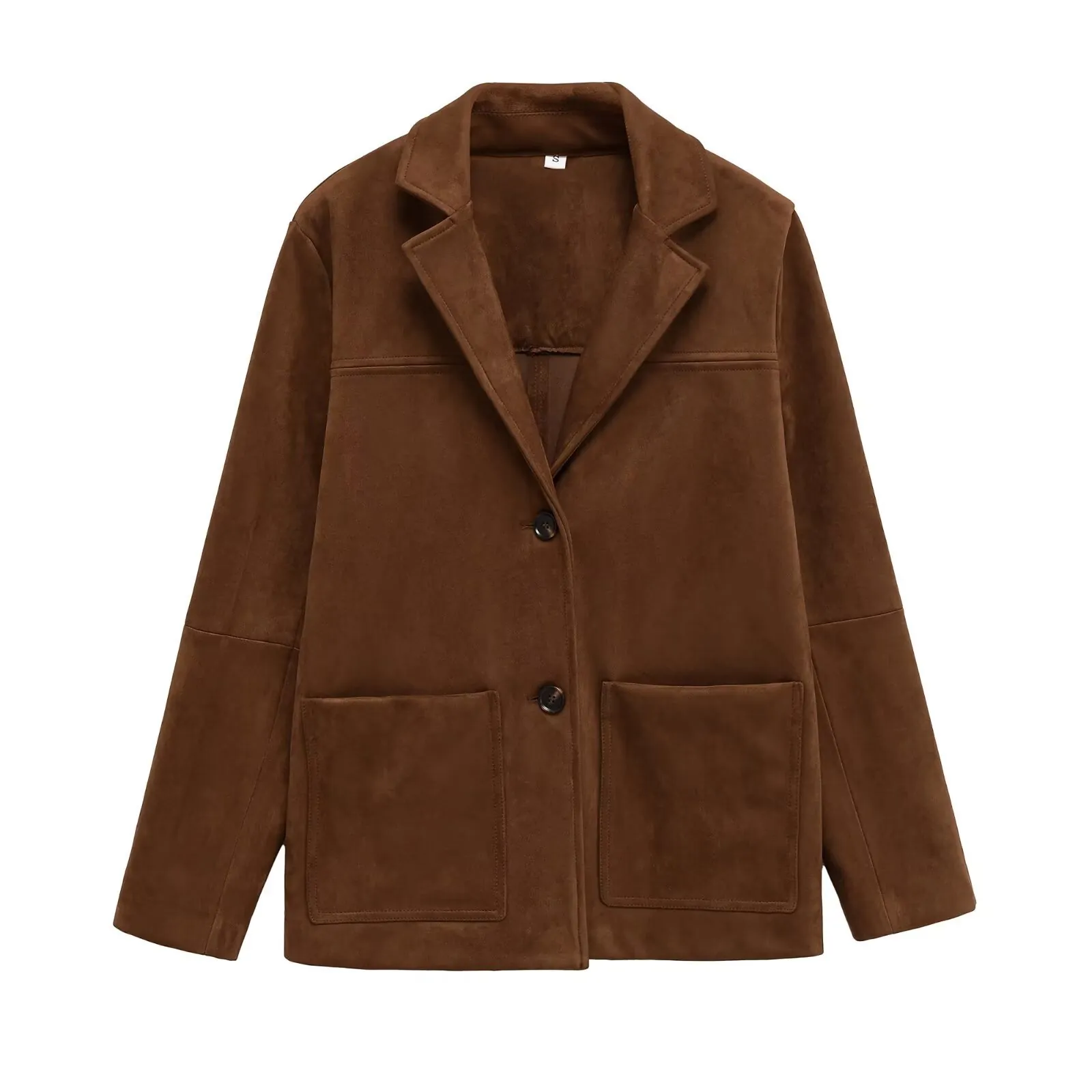 Women Vintage Faux Suede Jacket Lapel Single Breasted Blazer Outerwear Brown Long Sleeve Polyester Coat With Patch Pockets