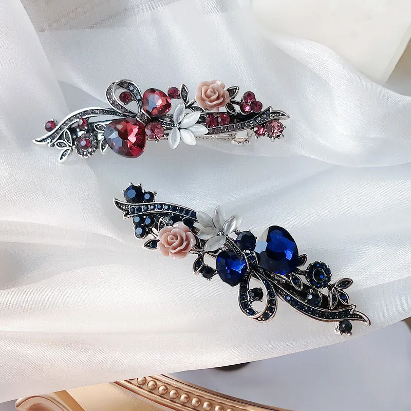 Pince À Cheveux Fleur Strass Vintage Alliage Barrette À Ressort Porte Queue De Cheval Femmes Élégant Rétro