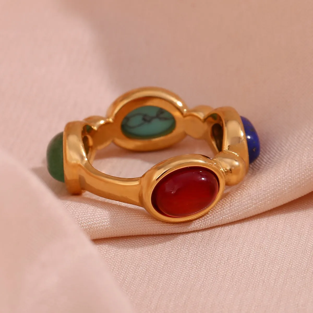 Moda Anello in Acciaio Inossidabile Placcato Oro 18K per Donna Colorato Geometrico Pietra Naturale Intarsiato Gioielli
