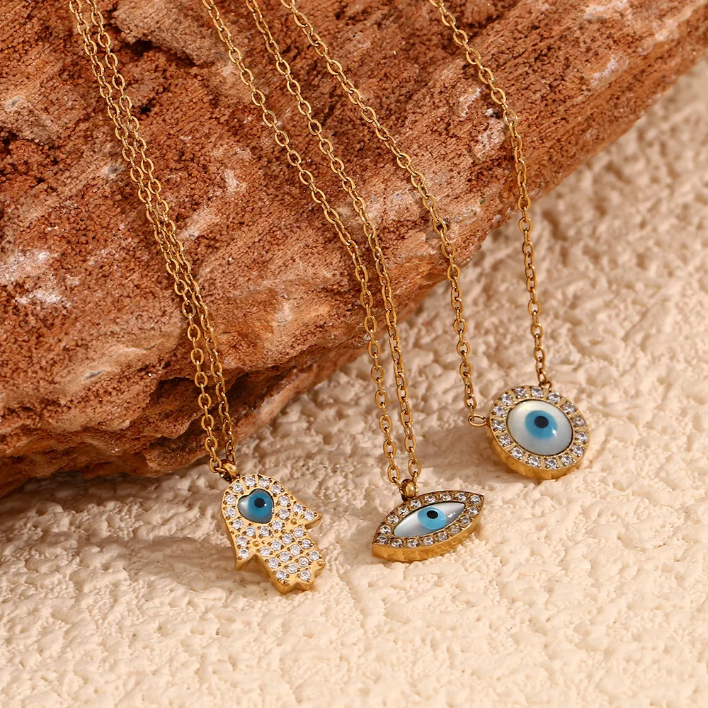 Collier Vintage en Acier Inoxydable Plaqué Or 18K Avec Pendentif Mauvais Œil et Main de Fatma pour Femme Bijoux de Mode