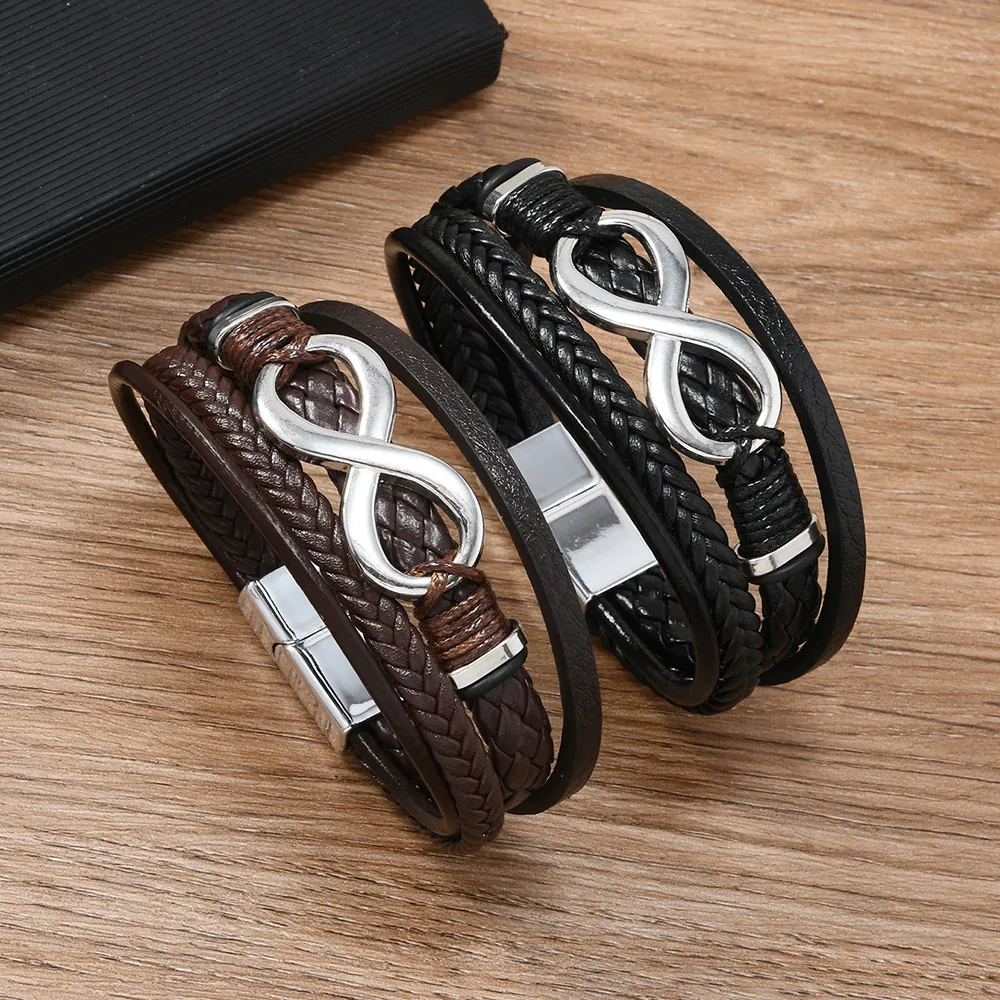 Men Multi Layer Braided Leather Bracelet With Alloy Infinity Symbol Magnetic Clasp Retro Punk Fashion Jewelry Gift