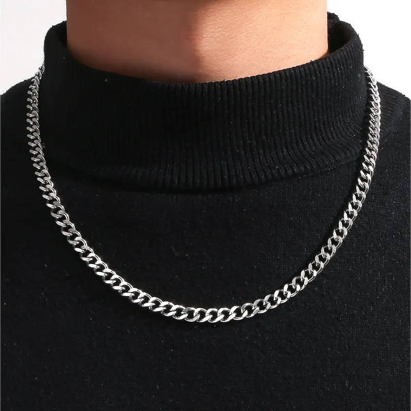 Men Cuban Link Chain Necklace Stainless Steel Silver Trendy Hip Hop Punk Rock Style Jewelry For Daily Wear