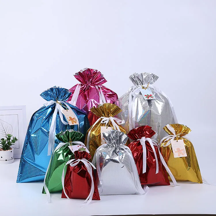 Merry Christmas Drawstring Gift Bags Laser Aluminum Foil Holographic Candy Packaging With Holiday Tags And Ties