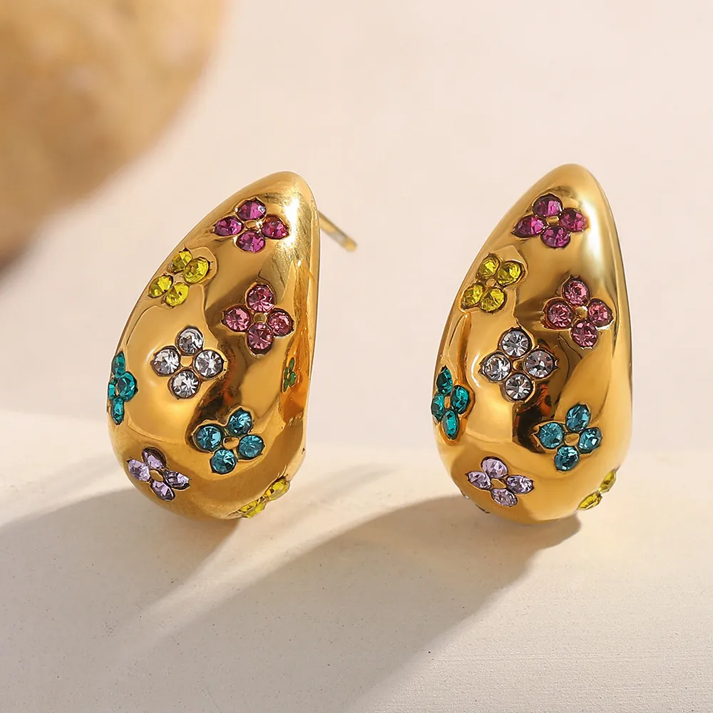 Colorful Rhinestone Flower Stud Earrings Stainless Steel Gold Plated Hollow Teardrop Chic Fashion Jewelry For Women