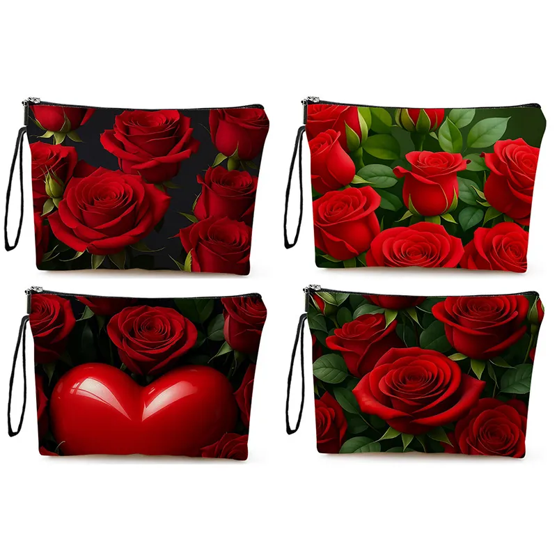 Red Rose Floral Makeup Bag Linen Cosmetic Organizer With Zipper And Wrist Strap Travel Toiletry Pouch Daily Handbag