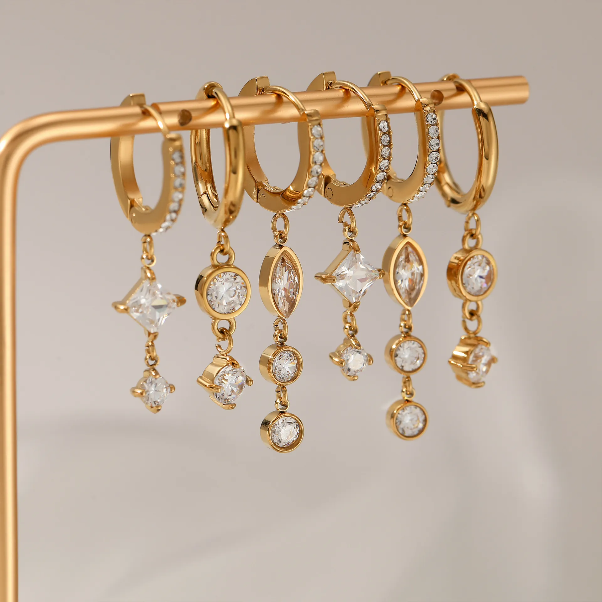 Stainless Steel Cubic Zirconia Dangling Hoop Earrings Waterproof PVD Gold Plated French Style Elegant Jewelry For Women