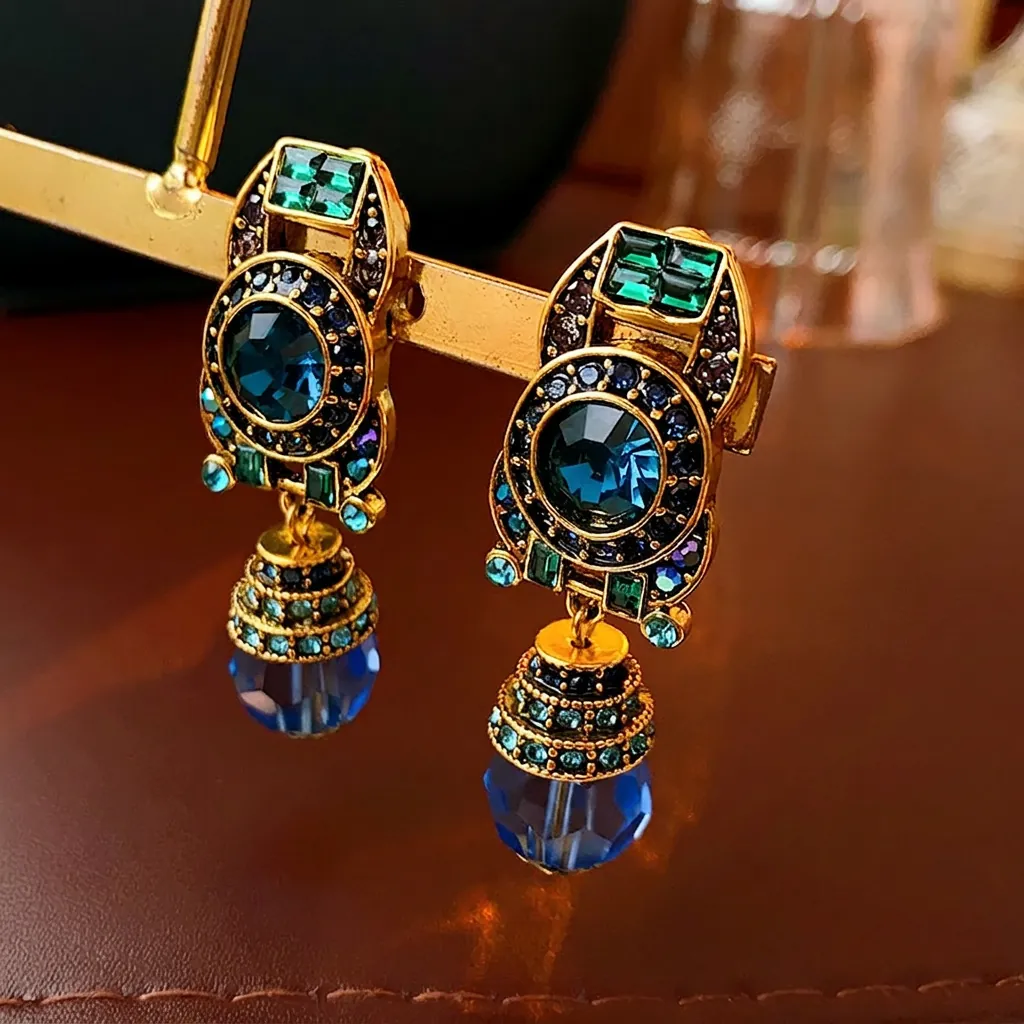 Vintage Baroque Earrings With Silver Earring Post Crystal Rhinestone Palace Style Water Drop Geometric Jewelry For Women
