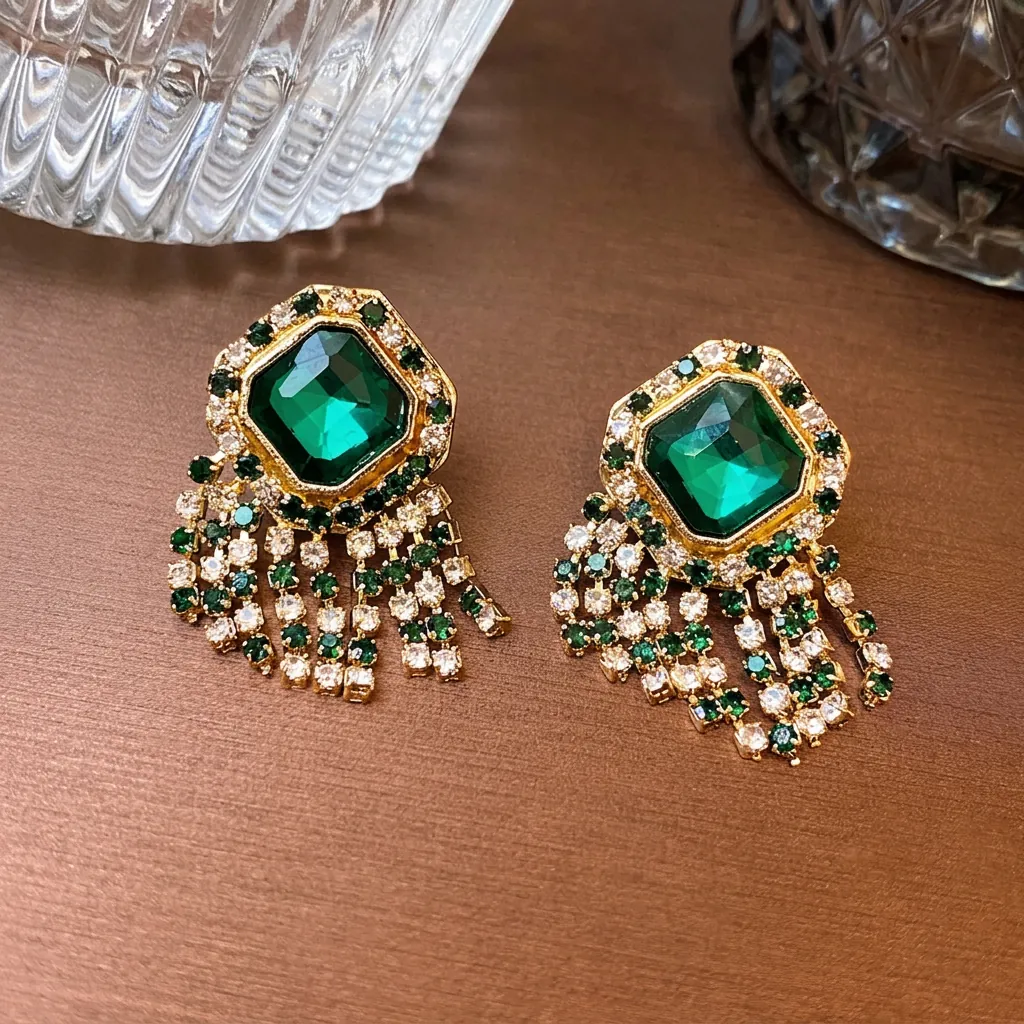 Boucles Oreilles Pendantes Cristal Vert Émeraude Tige Argent Fin 925 Bijoux Luxe Vintage Strass Pour Femmes