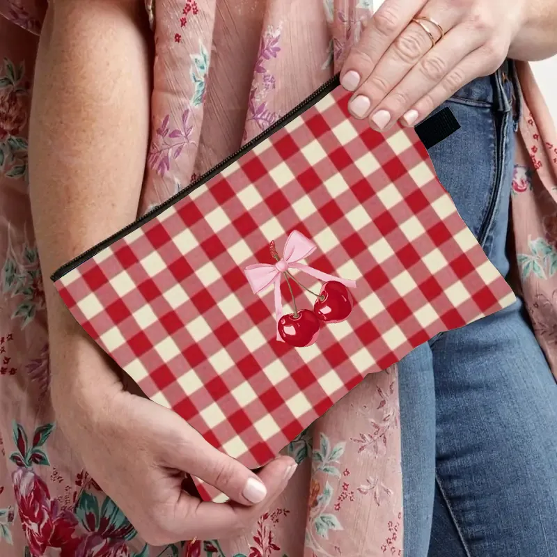 Gingham Plaid Makeup Bag Water Resistant Polyester Travel Toiletry Pouch Fruit Print Zipper Storage For Women