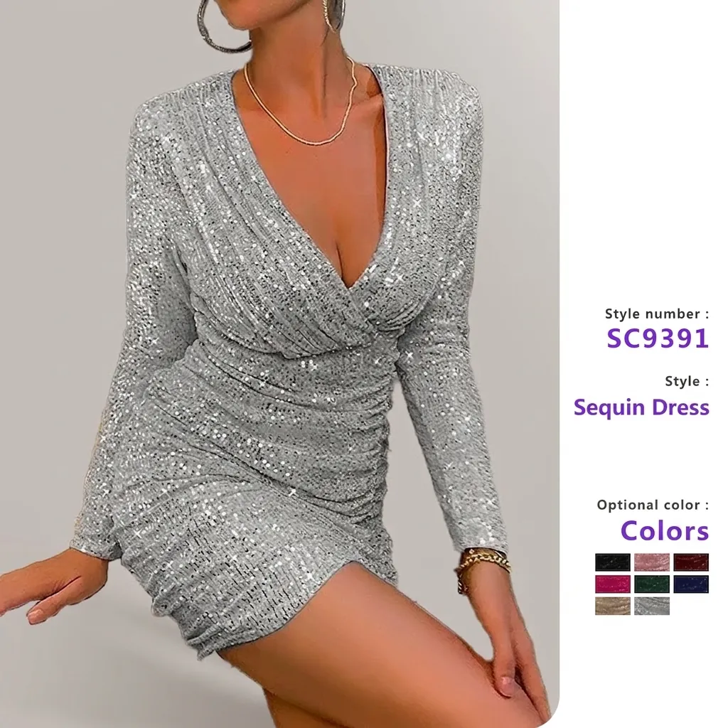 Women Sexy Deep V Neck Sequin Long Sleeve Bodycon Mini Dress Ruched Party Nightclub Evening Glitter Slim Fit Cocktail Dress