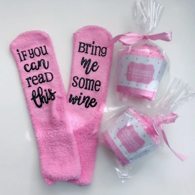 Polyester Coral Fleece Socks Novelty Letter Print Floor Socks Bring Me Some Wine Cupcake Packaging Warm House Socks For Women