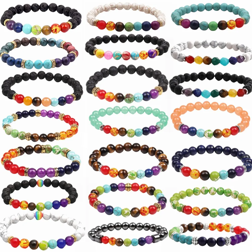 Chakra Beads Bracelet Natural Stone Volcanic Lava Tiger Eye Elastic Yoga Energy Healing Balance Jewelry Unisex