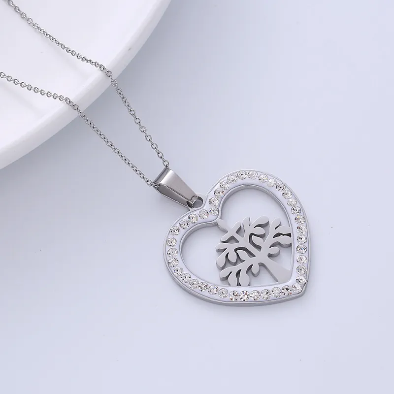 Heart Pendant Necklace Stainless Steel Hollow Tree Of Life Rhinestone Inlaid Fashion Elegant Jewelry For Women