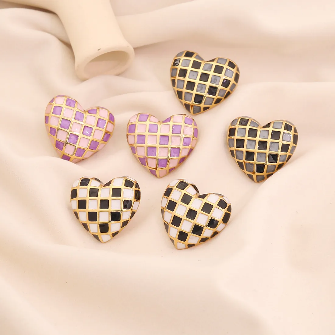 Heart Stud Earrings Stainless Steel Checkerboard Pattern Enamel Drip Oil Fashion Minimalist Trendy Jewelry For Women