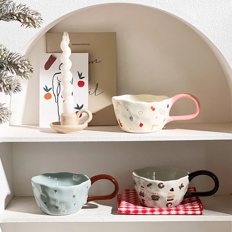 Ceramic Mug Irregular Hand Pinched Coffee Cup Cute Cartoon Bear Rabbit Colorful Handle Kawaii Breakfast Milk Water Gift