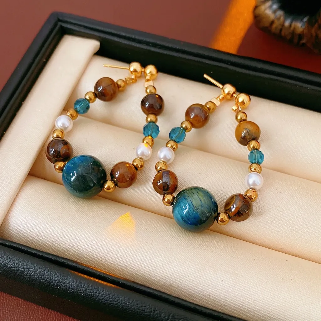 Boucles D'Oreilles Créoles Avec Œil De Tigre Et Fausses Künstliche Perles Vintage Boho Pour Femmes Tige En Argent