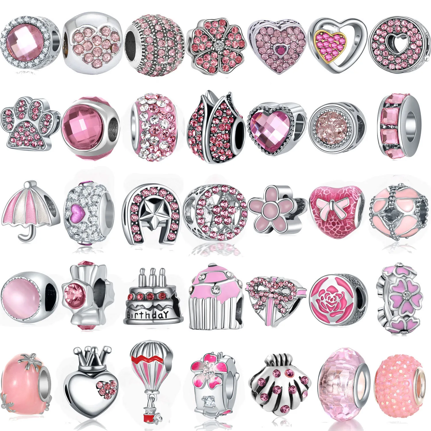 Pink Alloy Charm Beads Zircon Inlaid For Bracelet Necklace Jewelry Making Heart Flower Sweet DIY Gifts For Girls
