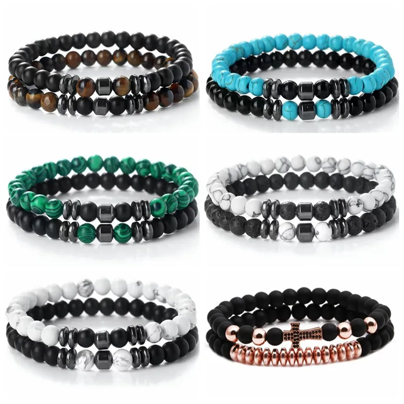 Natural Stone Beaded Bracelet Tiger Eye Lava Rock Turquoise Agate Hematite Elastic Handcrafted Fashion For Men Women