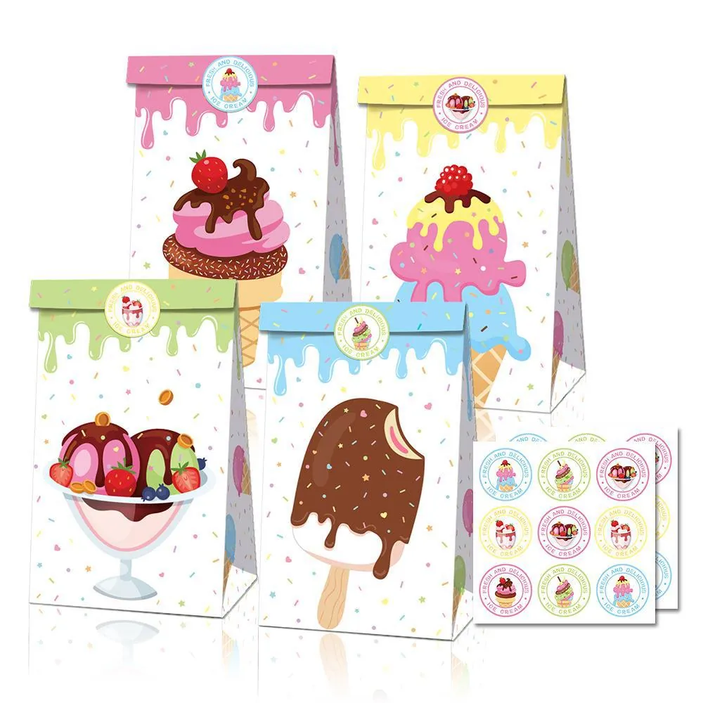 Sacchetti Regalo in Carta Kraft a Tema Gelato Con Adesivi Per Confezioni di Caramelle Forniture Per Feste di Compleanno Per Bambini