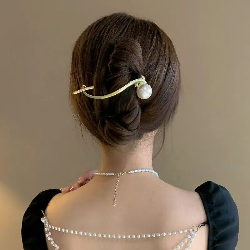 Elegant Alloy Hair Clip With Large Faux Artificial Pearl Decor And Twist Design Metallic Gold Finish Headwear With Artificial Pearl Back Chain