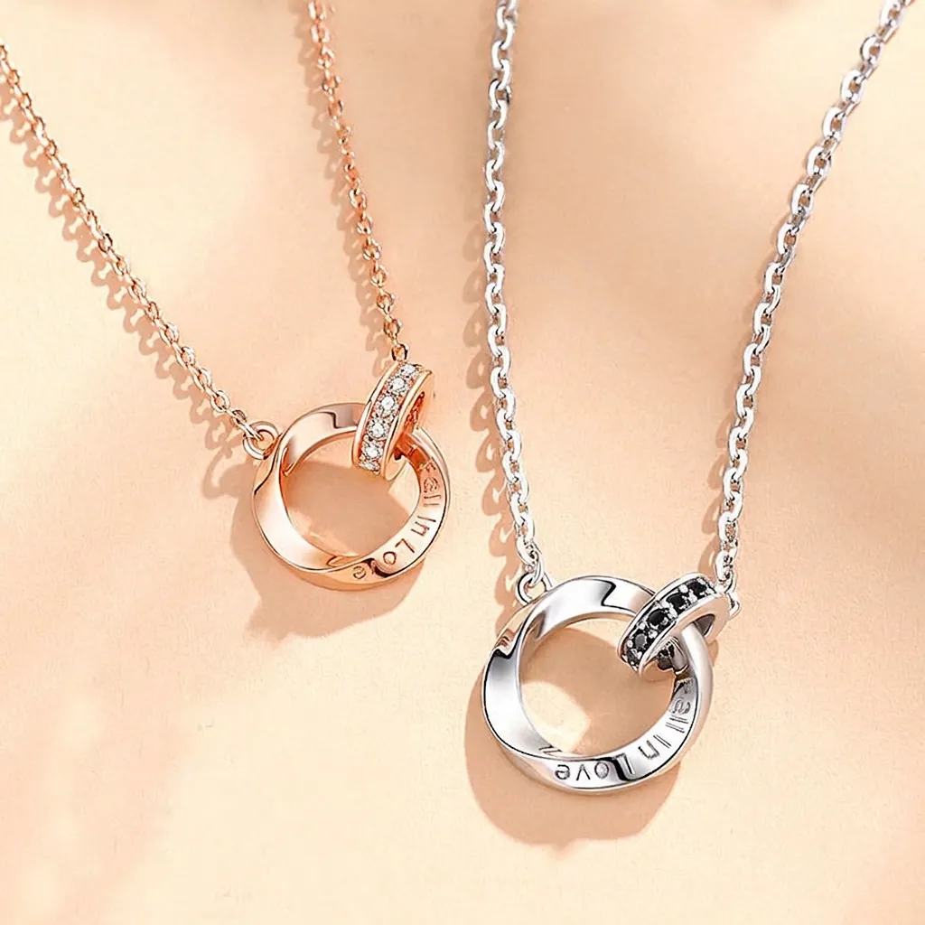 Interlocking Double Ring Mobius Pendant Necklace Copper Cubic Zirconia Fall In Love Engraved Romantic Jewelry For Couples