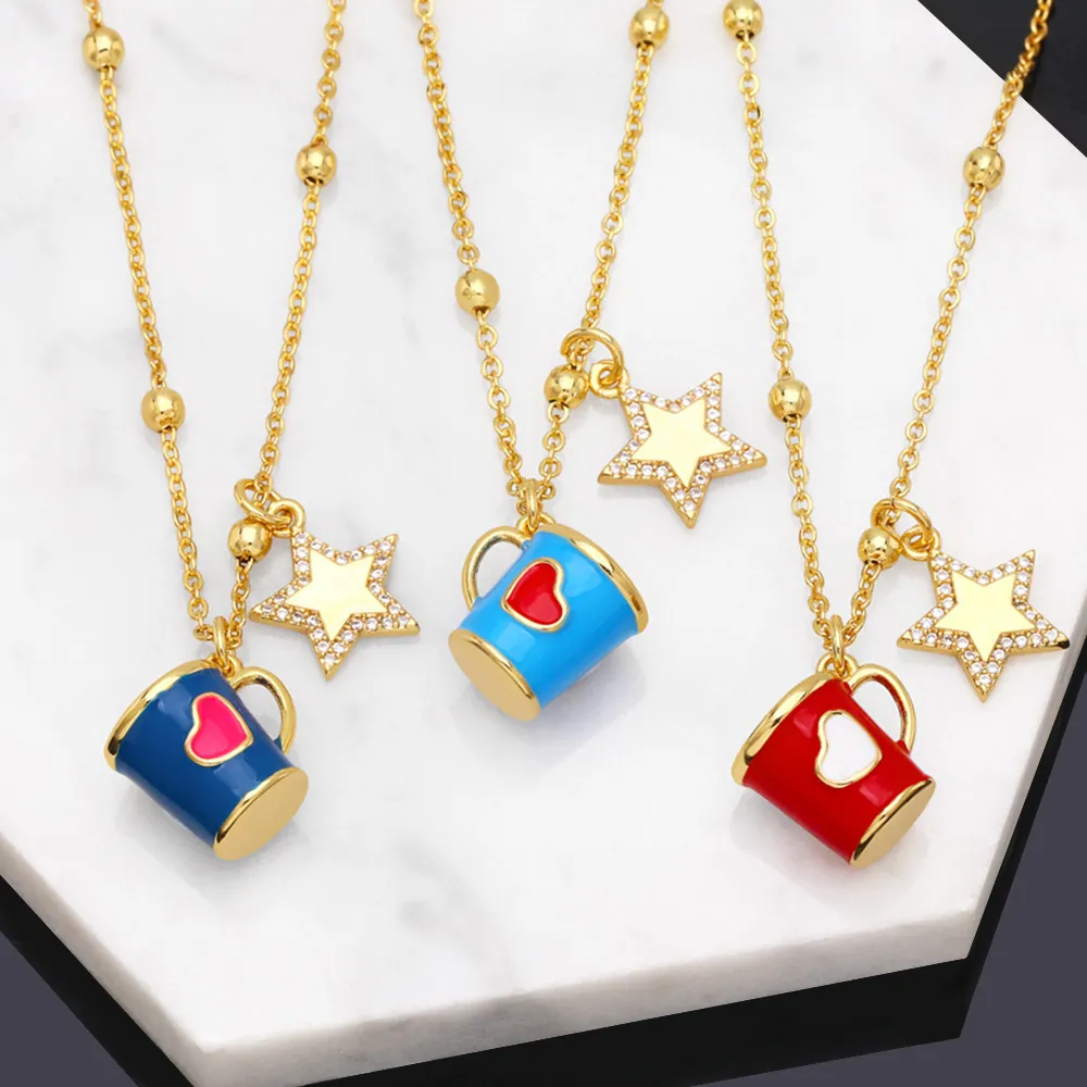 Pendant Necklace Copper Gold Plated Enamel Coffee Cup Heart Pave Zircon Star Beaded Chain For Women