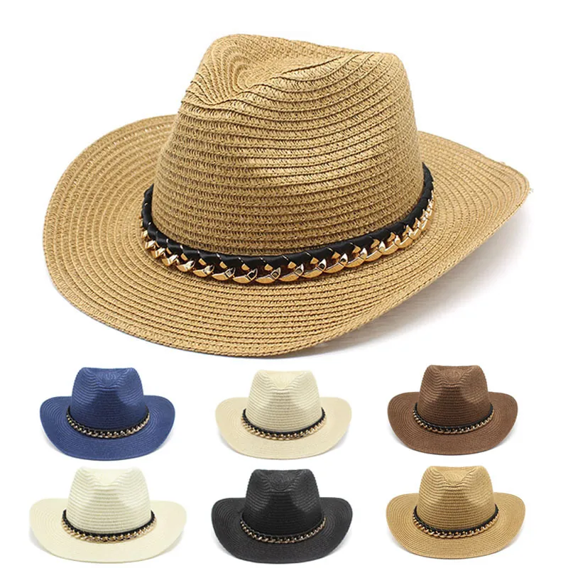 Sombrero De Paja Cowboy Con Cadena De Metal Dorado Cinturón PU Protección Solar Playa Verano Western Fedora Panamá Estilo