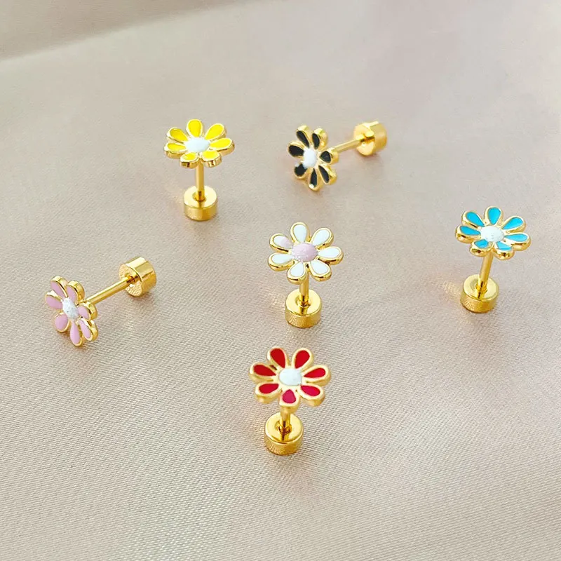 Stainless Steel Daisy Flower Stud Earrings Enamel Gold Plated Flat Back Cartilage Piercing Jewelry For Women