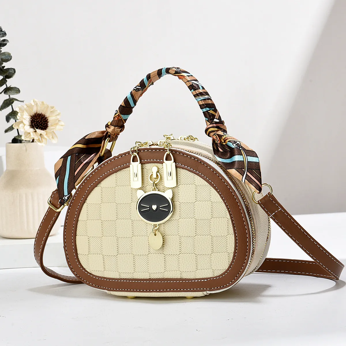 Women Mini Handbag PU Leather Checkerboard Shell Crossbody Bag Scarf Wrapped Top Grip Cat Flower Pendant Fashion Elegant