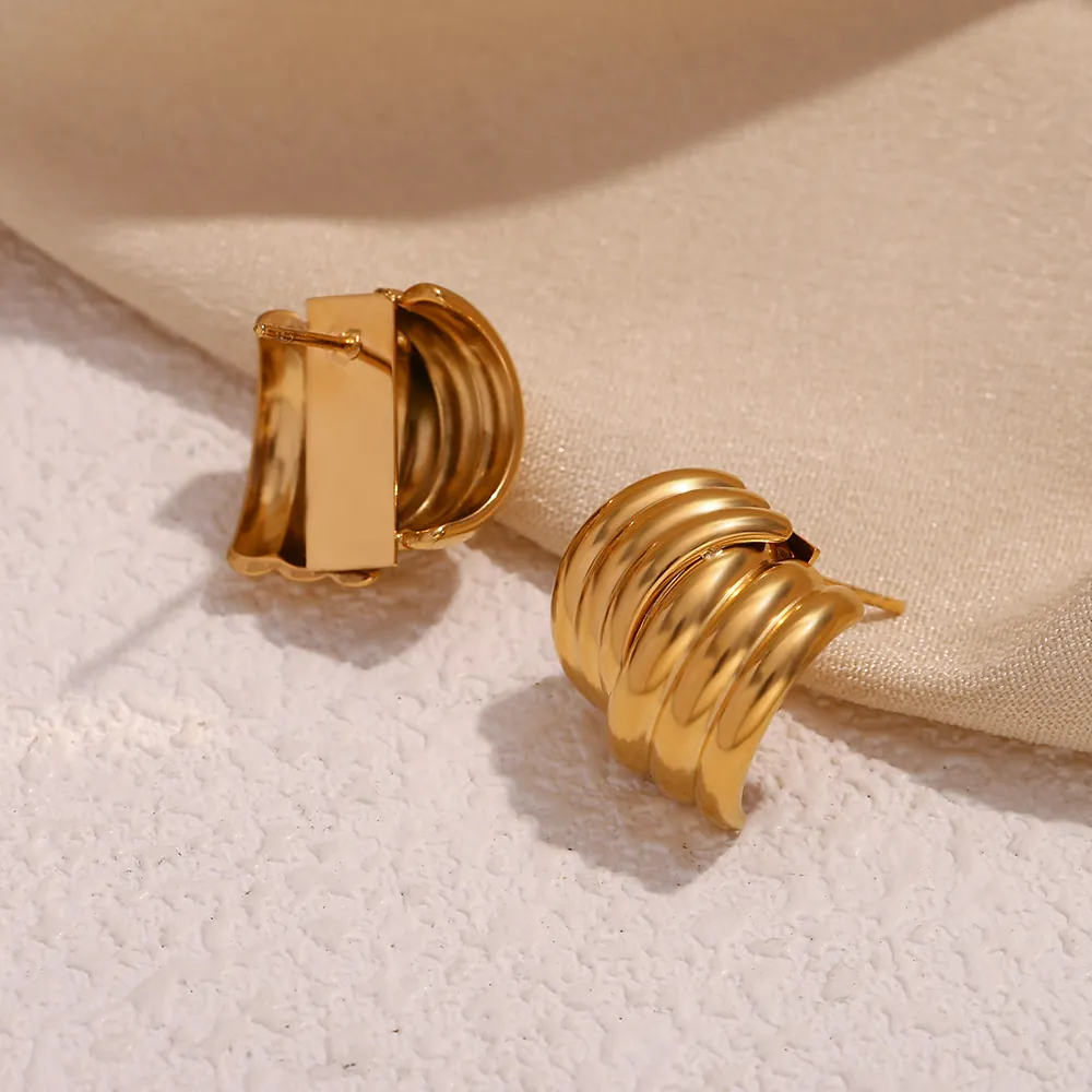 18K Gold Plated Stainless Steel Multi Layer Ribbed Stud Earrings Women Retro Geometric Croissant Texture Fashion Jewelry